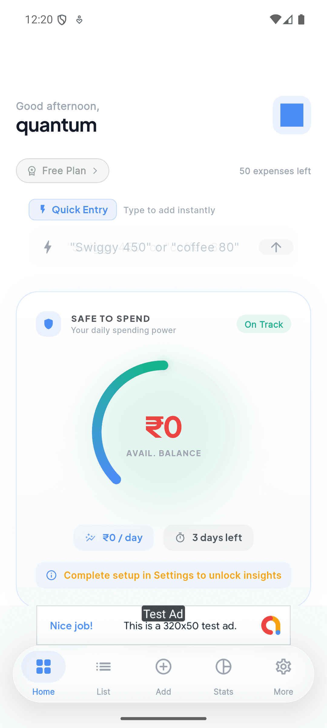 ExpenseFlow dashboard with safe-to-spend summary