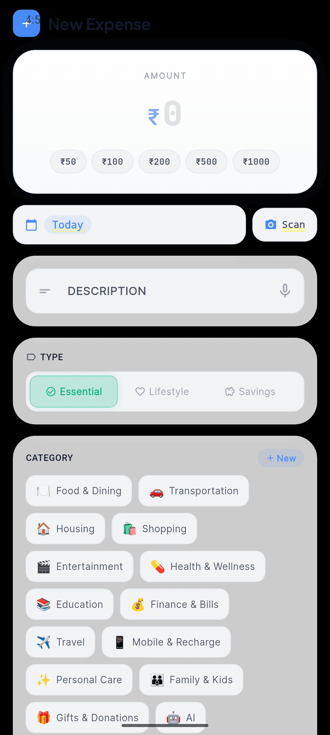 ExpenseFlow add expense screen with INR amount and categories