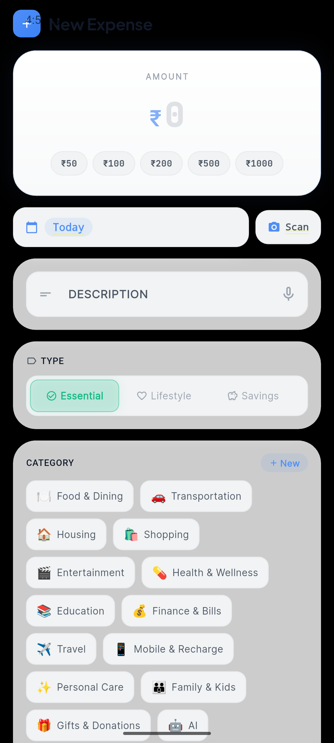 ExpenseFlow add expense screen with INR amount and categories
