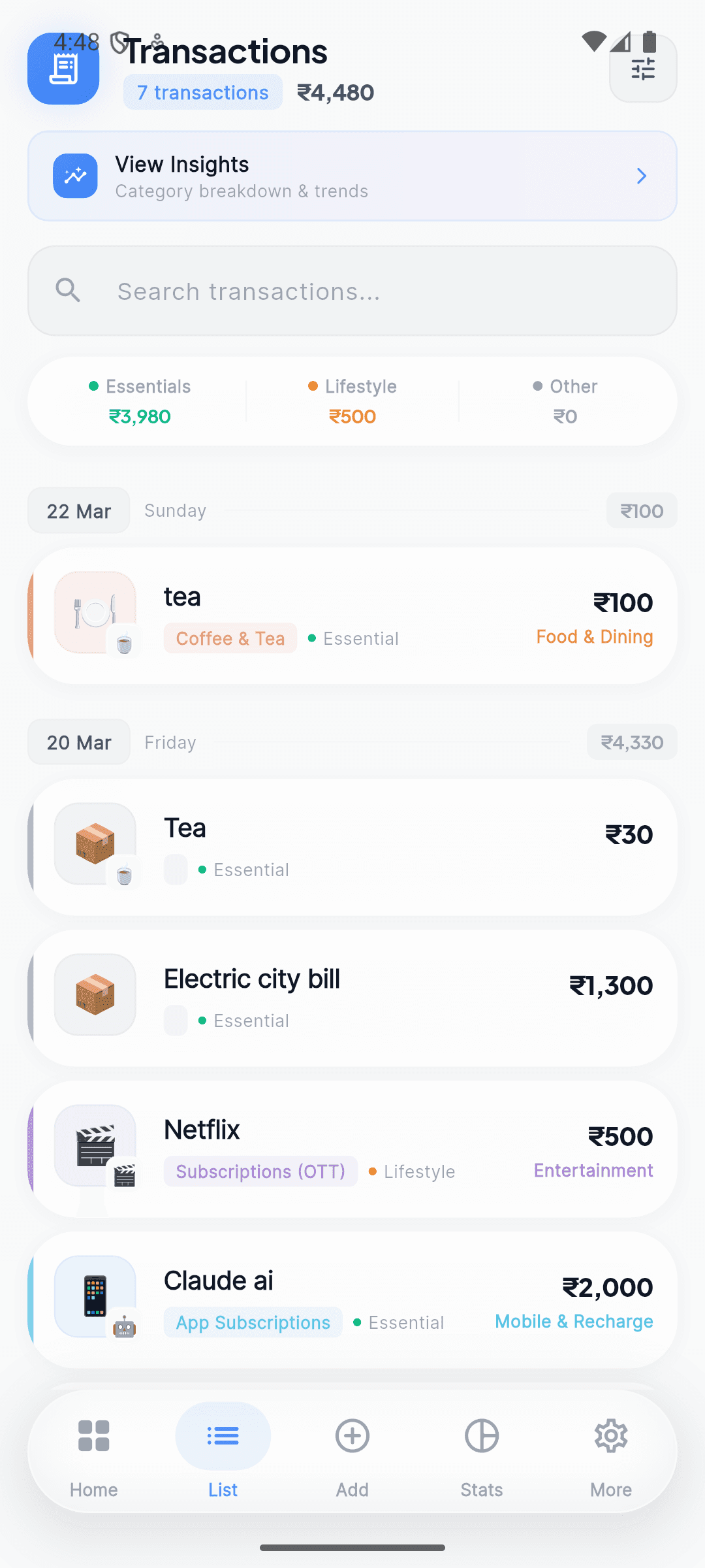 ExpenseFlow transaction list screen with category totals