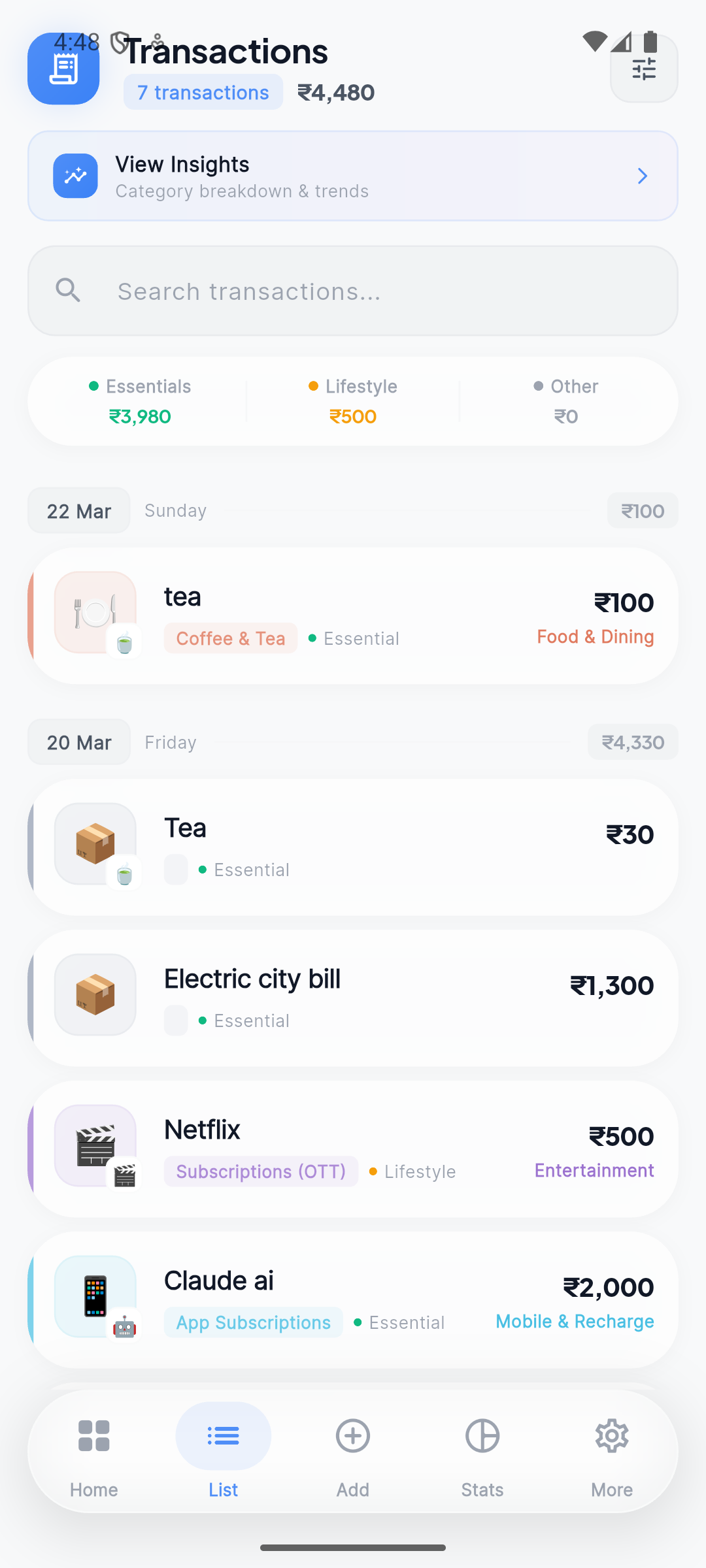 ExpenseFlow transaction list screen with category totals